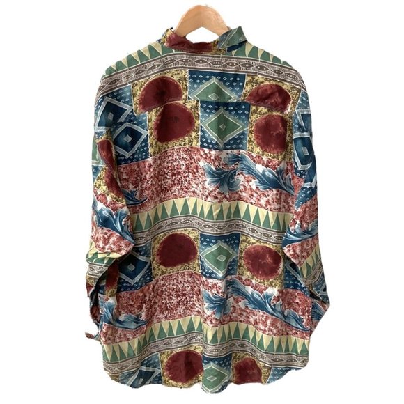 SOLD On EB-AY Vintage 100% Silk Geometric Earth Tone Button Down Shirt Unisex - Picture 2 of 10